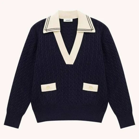 SANDRO Navy Cable Knit Sweater Large Contrast Collar Low V Neck Wool Blend NWT - Picture 1 of 10